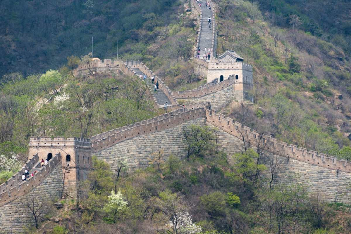 The restored Great Wall at Mutianyu winding along forested ridges north of Beijing