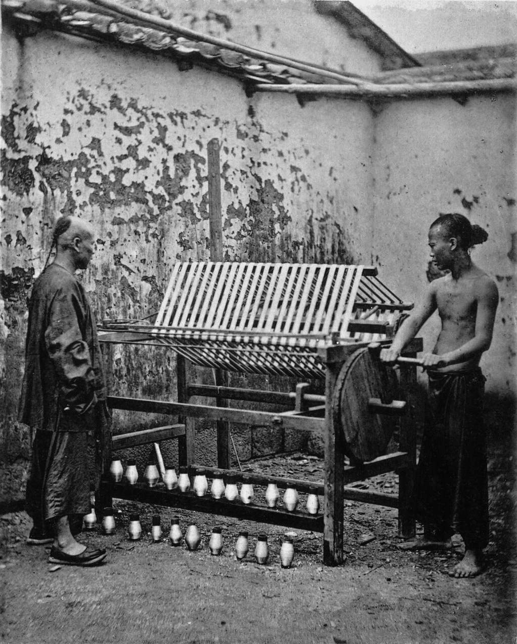 A silk cocoon and threads being processed