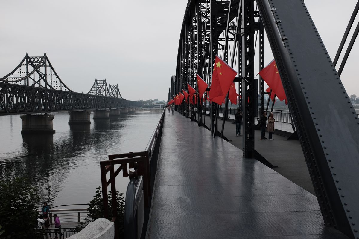 The Yalu River Broken Bridge, bombed in the Korean War, in Dandong
