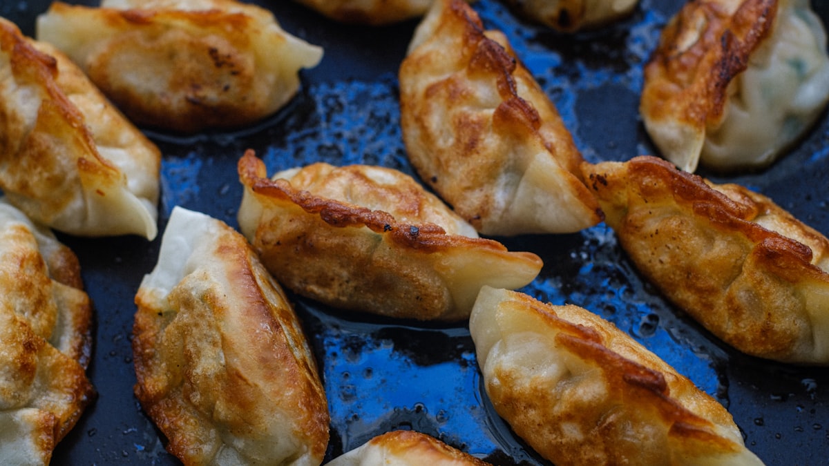 Pan-fried guotie potstickers with a crispy golden bottom