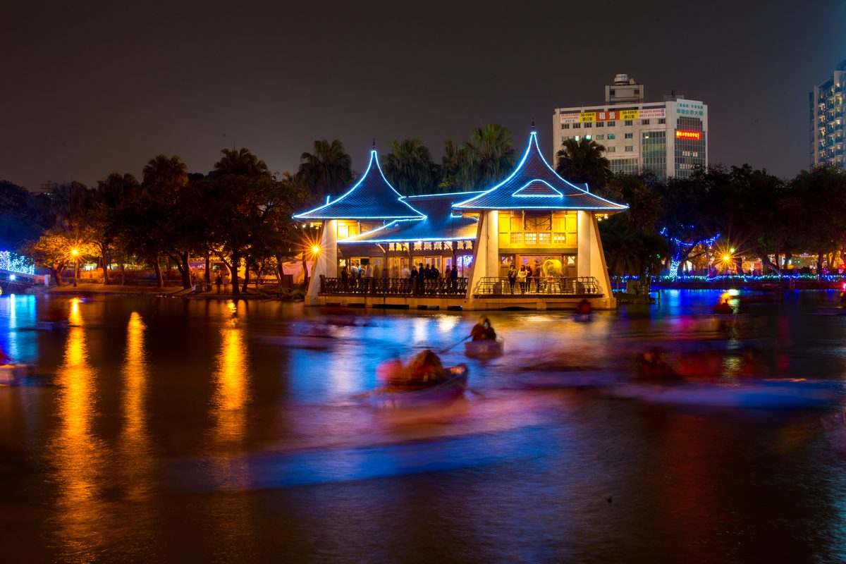 Chinese lanterns glowing at night during the festival season