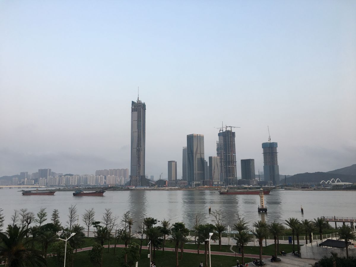 The modern Shizimen CBD skyline in Hengqin, Zhuhai’s new business district